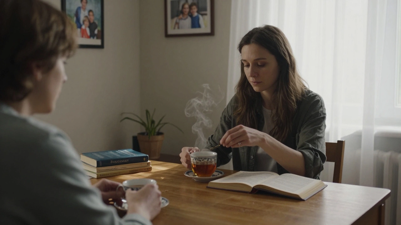 A woman prepares tea in a warm, book-filled apartment with a family photo on the wall.