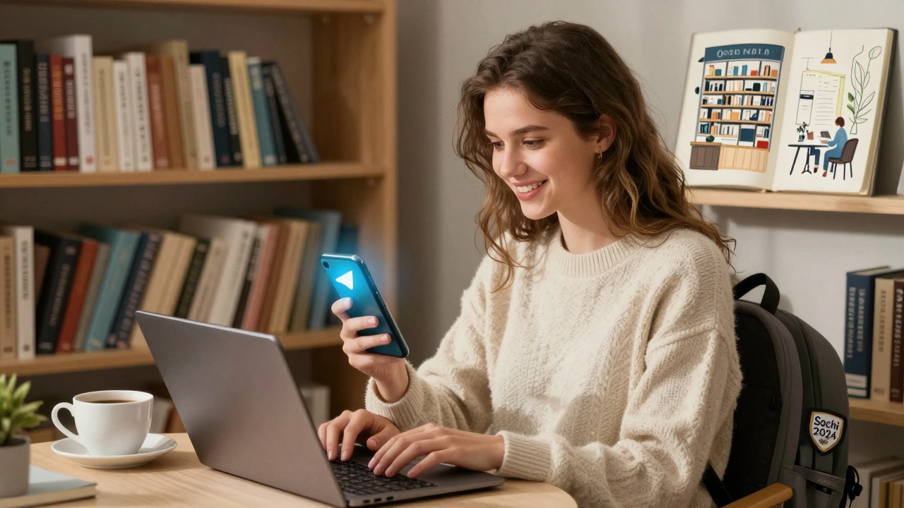 A young woman works on her laptop in a library, surrounded by books and personal items.
