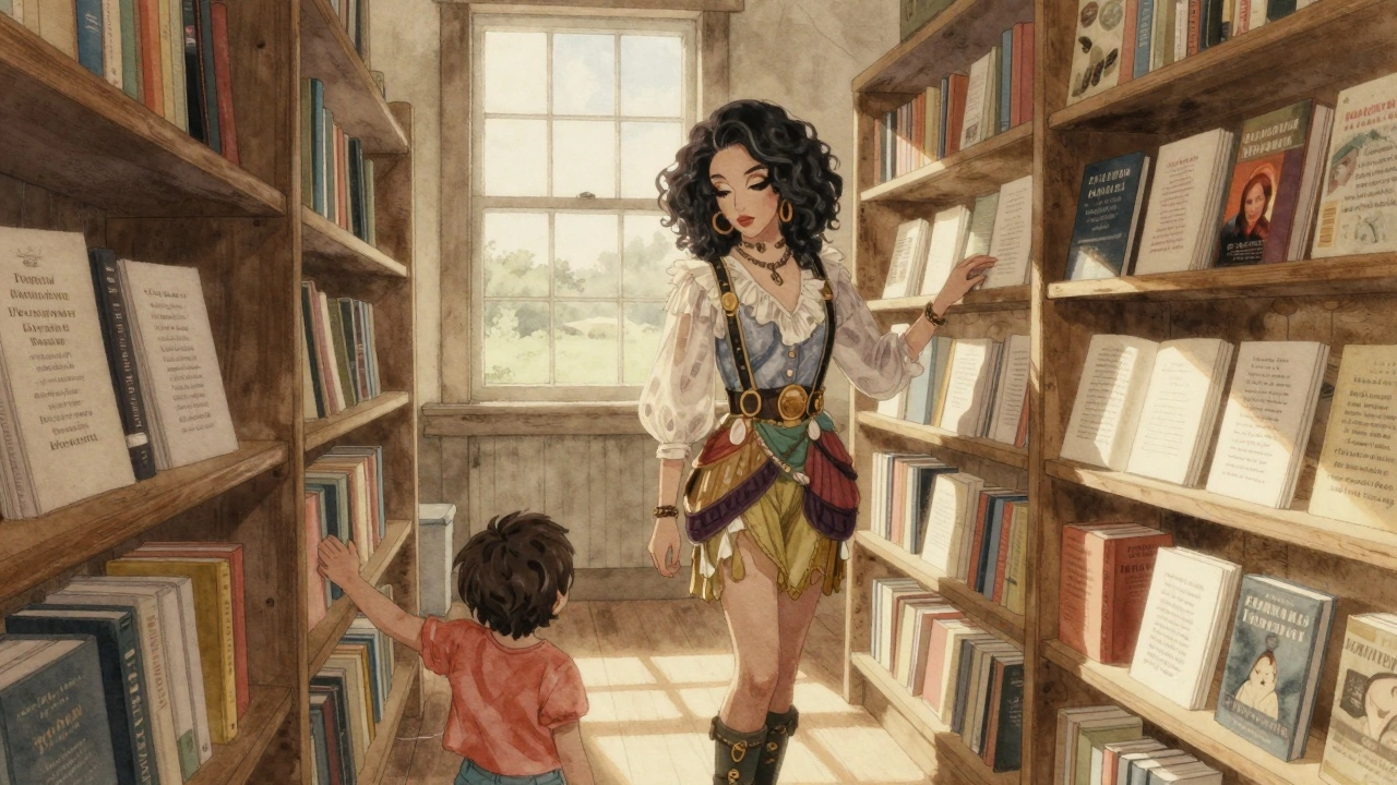 Cher Noble in a thrifted outfit surrounded by queer poetry books in a sunlit rural library.