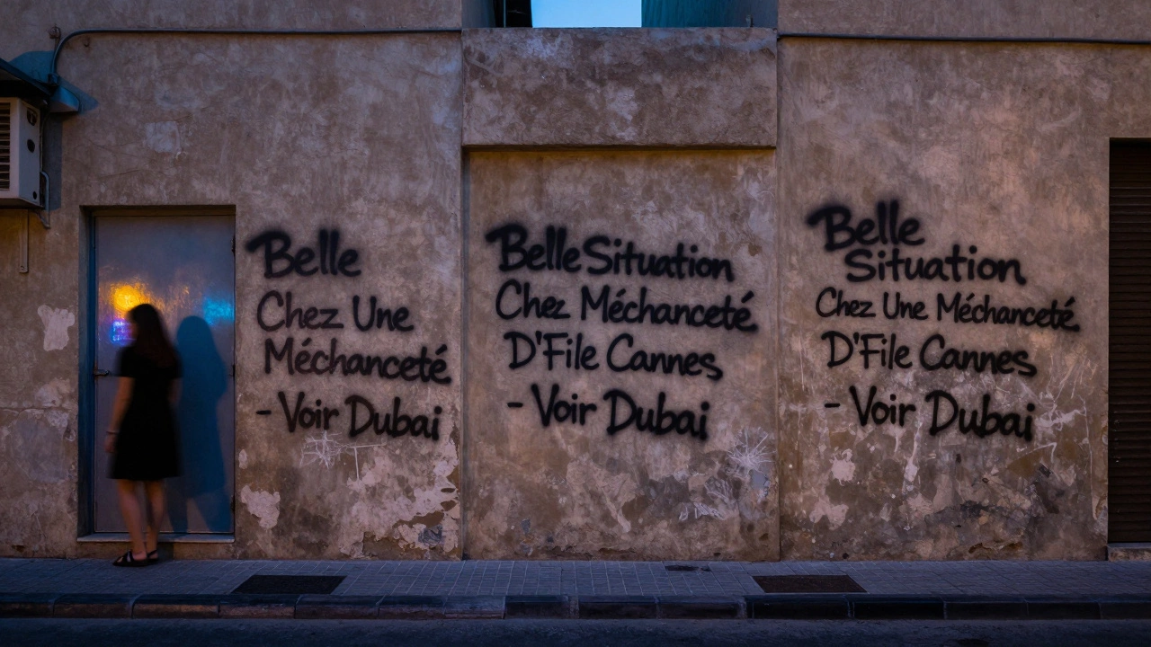 Graffiti of a mysterious phrase appears on Dubai alley walls beside a hidden door.