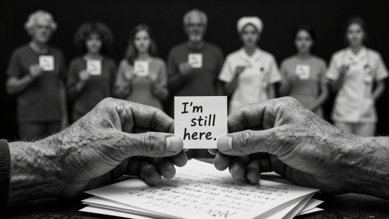 Weathered hands hold a handmade &#039;I&#039;m still here&#039; pin atop a stack of heartfelt letters.